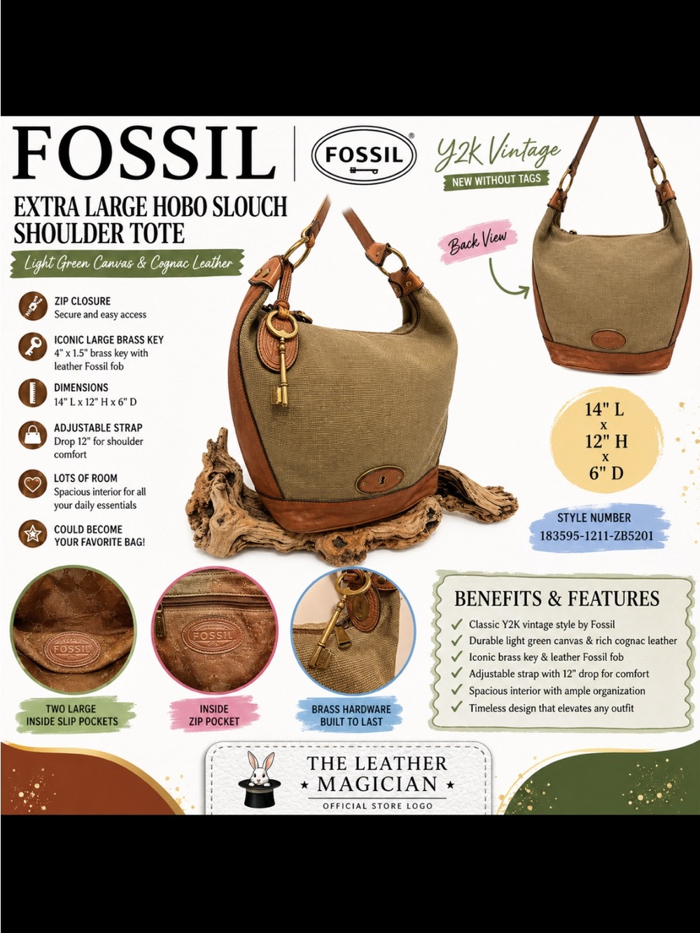 Fossil Y2K XL Canvas & Cognac Leather Hobo Shoulder Tote Key Charm Bag NWOT